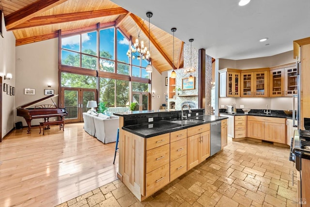 303 Mctavish Ct Unit A, Fairfield, CA 94534 - kitchen featuring a sink, light brown cabinets, dishwasher, wood ceiling with exposed beams, and glass insert cabinets
