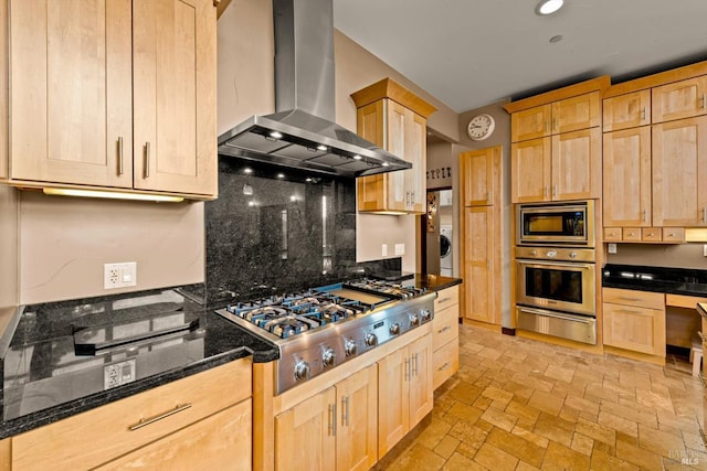 303 Mctavish Ct Unit A, Fairfield, CA 94534 - kitchen with wall chimney range hood, appliances with stainless steel finishes, light brown cabinetry, a warming drawer, and recessed lighting