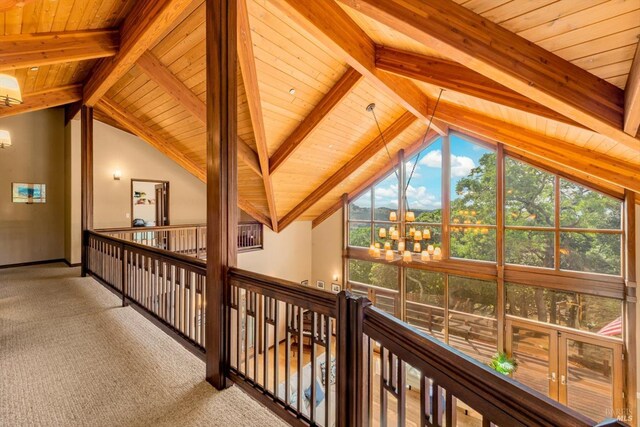 303 Mctavish Ct Unit A, Fairfield, CA 94534 - corridor with a chandelier, an upstairs landing, carpet flooring, and wood ceiling