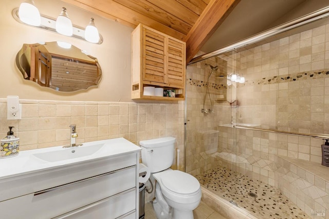 303 Mctavish Ct Unit A, Fairfield, CA 94534 - full bathroom with tile walls, a stall shower, toilet, vanity, and wood ceiling