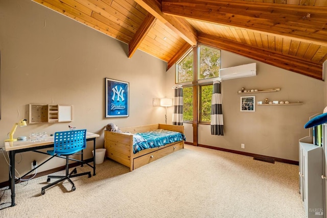 303 Mctavish Ct Unit A, Fairfield, CA 94534 - carpeted bedroom with a wall mounted air conditioner, a wooden ceiling with exposed beams, and high vaulted ceiling