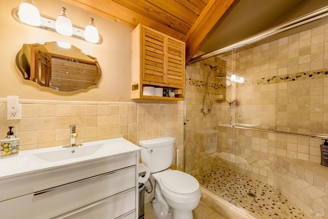 303 Mctavish Ct Unit A, Fairfield, CA 94534 - bathroom featuring tile walls, a shower stall, wooden ceiling, vanity, and a wainscoted wall
