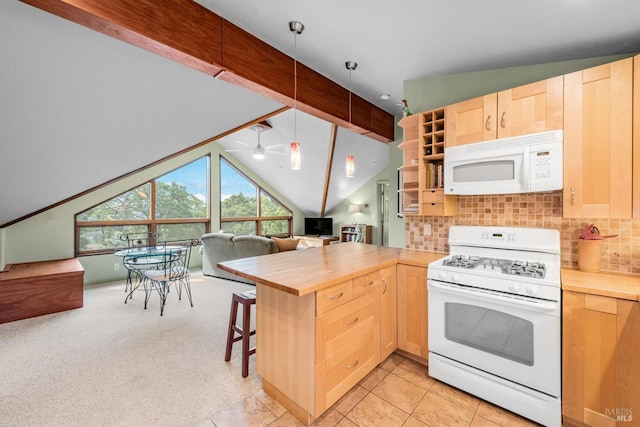 303 Mctavish Ct Unit A, Fairfield, CA 94534 - kitchen with white appliances, light brown cabinetry, wood counters, open floor plan, and vaulted ceiling
