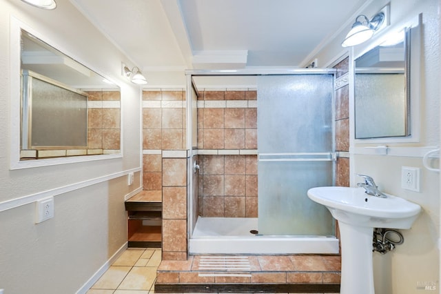 1313 Mcneil Ave, Petaluma, CA 94954 - full bath featuring a shower stall, tile patterned floors, and ornamental molding