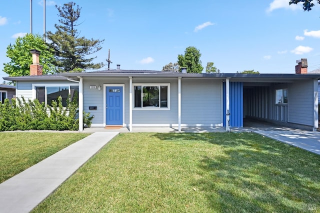 1313 Mcneil Ave, Petaluma, CA 94954 - ranch-style house with a front yard, an attached carport, a chimney, and driveway