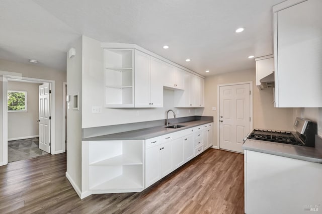 1313 Mcneil Ave, Petaluma, CA 94954 - kitchen with open shelves, stainless steel range with gas cooktop, a sink, white cabinetry, and recessed lighting