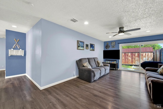 130 Ward Ct, Vallejo, CA 94589 - living room with a ceiling fan, wood finished floors, a textured ceiling, recessed lighting, and baseboards