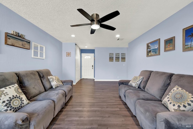 130 Ward Ct, Vallejo, CA 94589 - living room with dark wood finished floors, a ceiling fan, baseboards, recessed lighting, and a textured ceiling