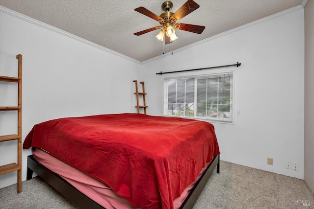 4538 Hill Rd, Lakeport, CA 95453 - carpeted bedroom with crown molding, a textured ceiling, a ceiling fan, and vaulted ceiling