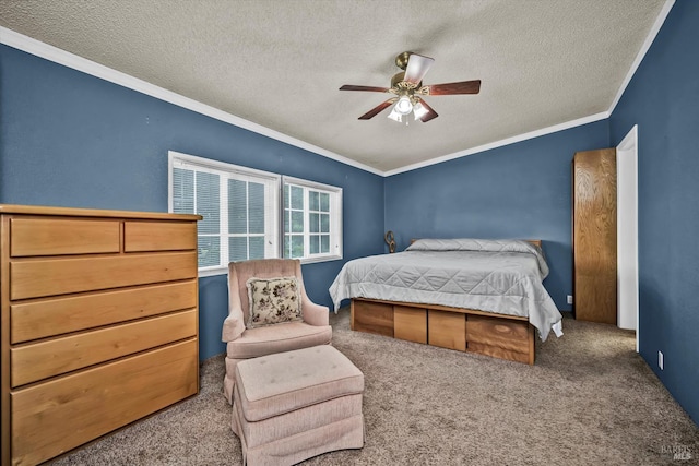 4538 Hill Rd, Lakeport, CA 95453 - bedroom with a textured ceiling, carpet floors, ceiling fan, and ornamental molding