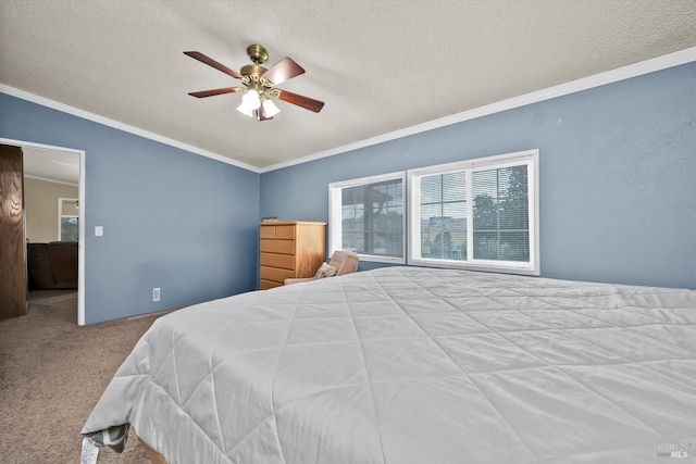 4538 Hill Rd, Lakeport, CA 95453 - bedroom with carpet, ornamental molding, a textured ceiling, a ceiling fan, and vaulted ceiling