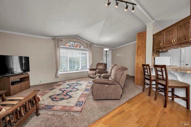 4538 Hill Rd, Lakeport, CA 95453 - living room featuring vaulted ceiling, light wood-type flooring, and ornamental molding