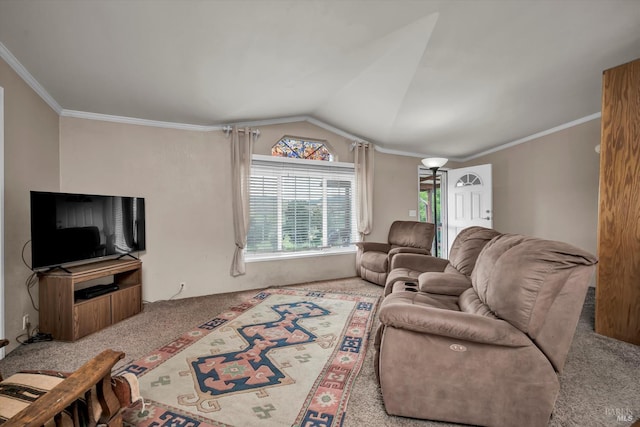 4538 Hill Rd, Lakeport, CA 95453 - living room with carpet floors, crown molding, and lofted ceiling