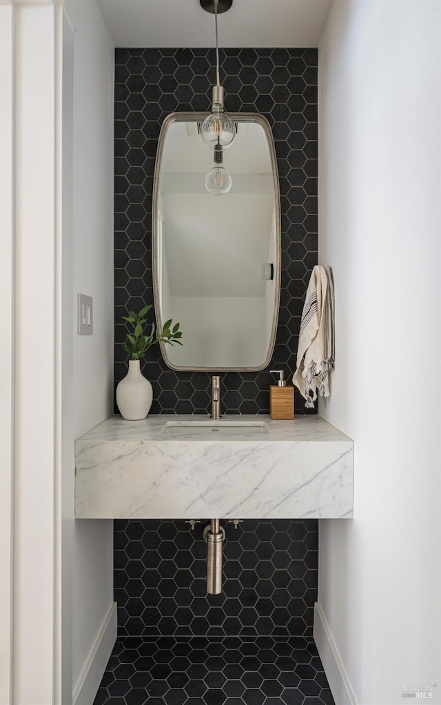 5 Monte Vista Ave, Larkspur, CA 94939 - bathroom featuring tile patterned floors, a sink, tile walls, and baseboards