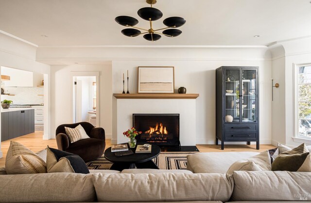 5 Monte Vista Ave, Larkspur, CA 94939 - living area featuring light wood-style flooring, ornamental molding, and a lit fireplace