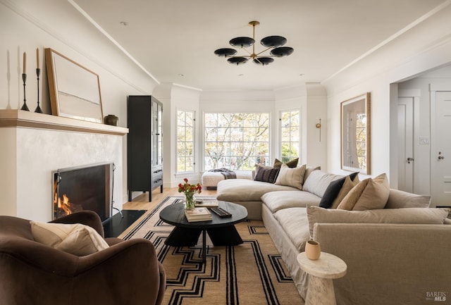 5 Monte Vista Ave, Larkspur, CA 94939 - living area with a chandelier, a warm lit fireplace, and crown molding