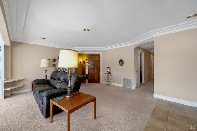 7753 N Cora Dr, Lucerne, CA 95458 - carpeted living room with arched walkways, ornamental molding, and baseboards