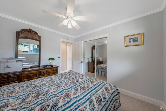 7753 N Cora Dr, Lucerne, CA 95458 - bedroom with light carpet, baseboards, a closet, crown molding, and ceiling fan