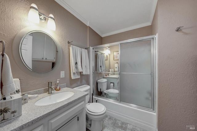 7753 N Cora Dr, Lucerne, CA 95458 - bathroom with a textured wall, crown molding, toilet, vanity, and shower / bath combination with glass door