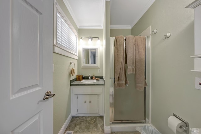 7753 N Cora Dr, Lucerne, CA 95458 - full bath with crown molding, a stall shower, vanity, and baseboards