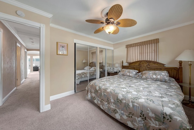 7753 N Cora Dr, Lucerne, CA 95458 - carpeted bedroom featuring ornamental molding, baseboards, and ceiling fan