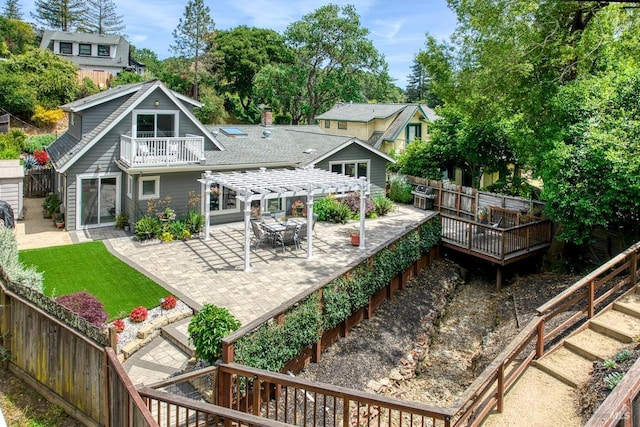 41 Salinas Ave, San Anselmo, CA 94960 - back of property featuring a pergola, a fenced backyard, a balcony, and a patio