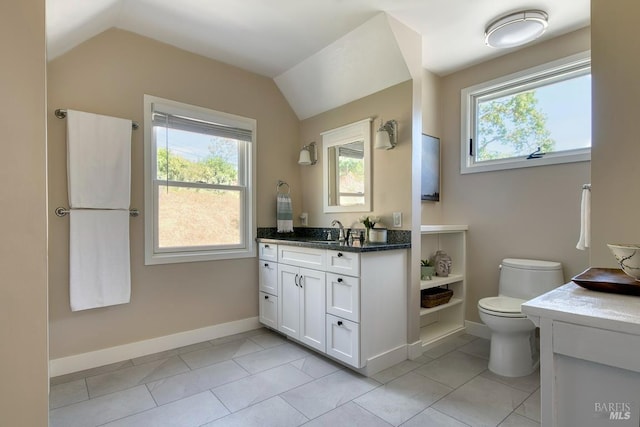 41 Salinas Ave, San Anselmo, CA 94960 - bathroom featuring toilet, healthy amount of natural light, baseboards, vaulted ceiling, and vanity