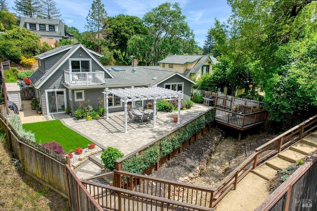 41 Salinas Ave, San Anselmo, CA 94960 - back of property featuring a pergola, a fenced backyard, a patio area, and a balcony