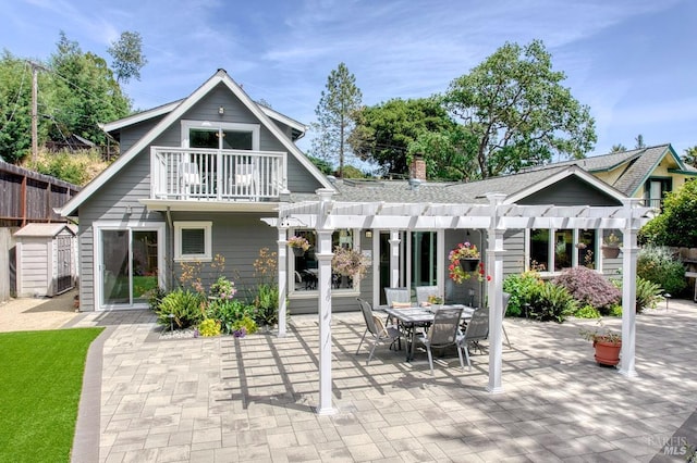 41 Salinas Ave, San Anselmo, CA 94960 - back of house featuring a pergola, a balcony, a patio, outdoor dining area, and a chimney