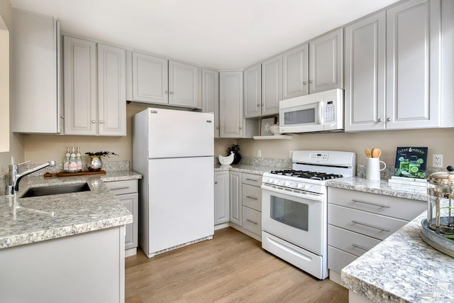 41 Salinas Ave, San Anselmo, CA 94960 - kitchen with white appliances, a sink, light wood-style floors, and light stone countertops