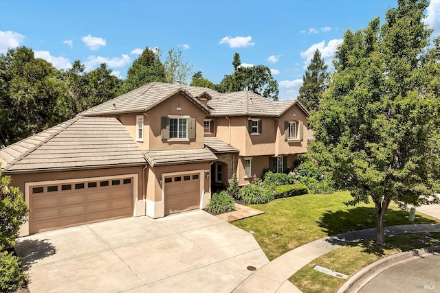 17 Chaudhary Ct, Napa, CA 94558 - traditional home with stucco siding, concrete driveway, a front yard, a tile roof, and a garage