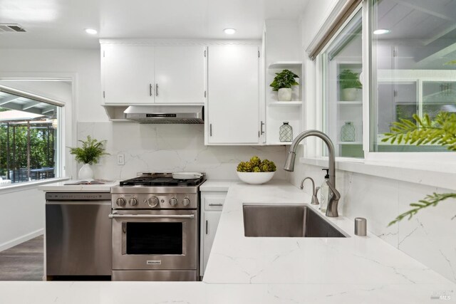 2120 Palmer Dr, Saint Helena, CA 94574 - kitchen featuring stainless steel appliances, a sink, range hood, open shelves, and white cabinets