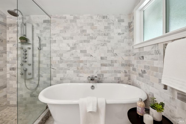 2120 Palmer Dr, Saint Helena, CA 94574 - bathroom with a freestanding tub, walk in shower, and tile walls