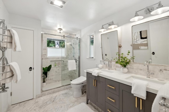2120 Palmer Dr, Saint Helena, CA 94574 - bathroom featuring double vanity, a shower stall, backsplash, toilet, and marble finish flooring