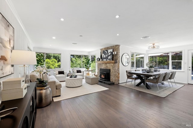 2120 Palmer Dr, Saint Helena, CA 94574 - living room featuring crown molding, wood finished floors, recessed lighting, a stone fireplace, and baseboards