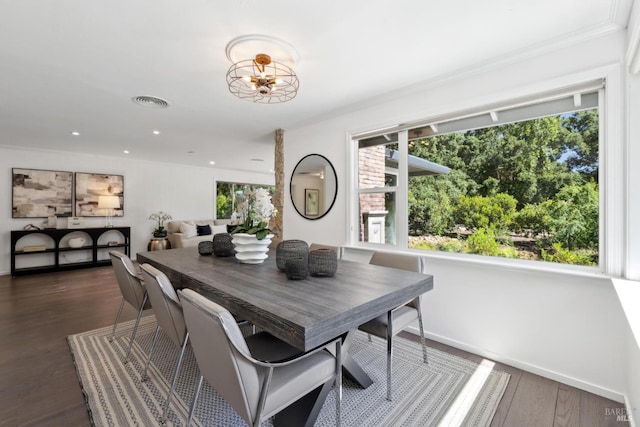 2120 Palmer Dr, Saint Helena, CA 94574 - dining area featuring dark wood-type flooring, ornamental molding, a chandelier, recessed lighting, and baseboards
