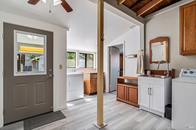 24 S University St, Healdsburg, CA 95448 - laundry room with washer / dryer, cabinet space, ceiling fan, light wood-style flooring, and wood ceiling