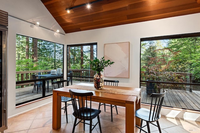 1655 Jonive Rd, Sebastopol, CA 95472 - dining area featuring lofted ceiling, light tile patterned flooring, and wooden ceiling