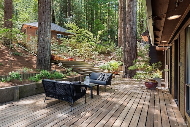 1655 Jonive Rd, Sebastopol, CA 95472 - wooden deck featuring an outdoor living space and a view of trees