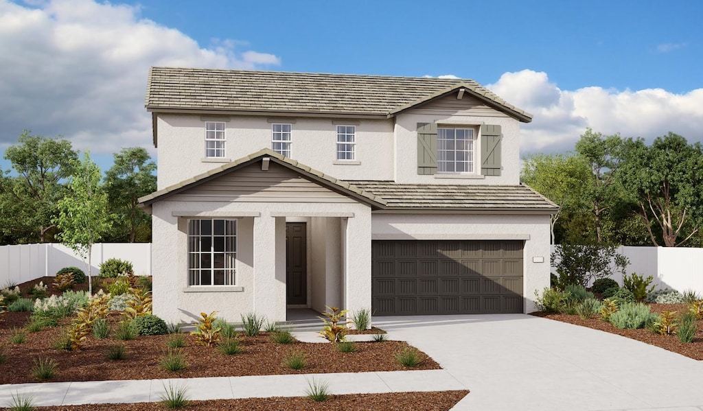 15472 Gallatin Rd, Lathrop, CA 95330 - traditional home featuring a garage, driveway, stucco siding, and covered porch
