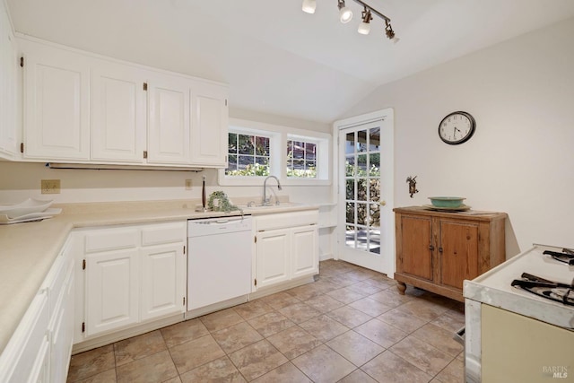1423 Foothill Blvd, Calistoga, CA 94515 - kitchen with white dishwasher, lofted ceiling, white cabinetry, light countertops, and a sink