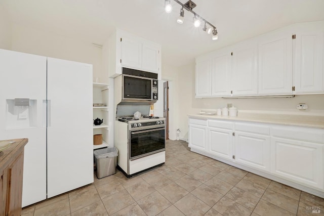 1423 Foothill Blvd, Calistoga, CA 94515 - kitchen with white appliances, white cabinetry, light countertops, and open shelves