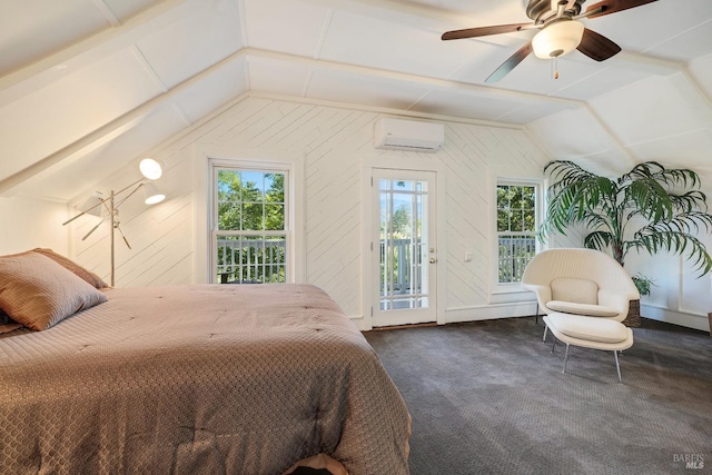 1423 Foothill Blvd, Calistoga, CA 94515 - bedroom with a wall mounted AC, vaulted ceiling, access to exterior, dark carpet, and wood walls