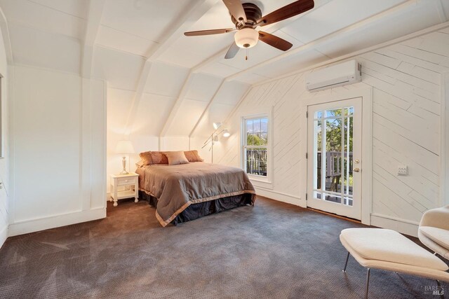 1423 Foothill Blvd, Calistoga, CA 94515 - bedroom featuring an AC wall unit, vaulted ceiling, access to outside, dark colored carpet, and a ceiling fan
