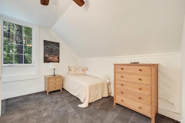 1423 Foothill Blvd, Calistoga, CA 94515 - bedroom featuring dark colored carpet, vaulted ceiling, and a ceiling fan