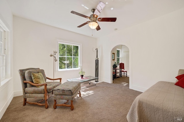 1423 Foothill Blvd, Calistoga, CA 94515 - carpeted bedroom with arched walkways, baseboards, and a ceiling fan