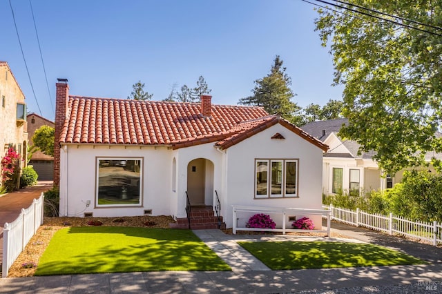 31 Laurel Ave, Petaluma, CA 94952 - mediterranean / spanish-style house with a tiled roof, a chimney, and stucco siding