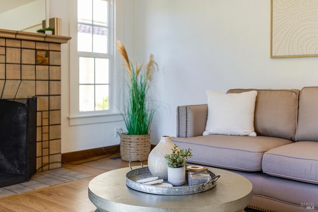 31 Laurel Ave, Petaluma, CA 94952 - living area featuring a fireplace, wood finished floors, and baseboards