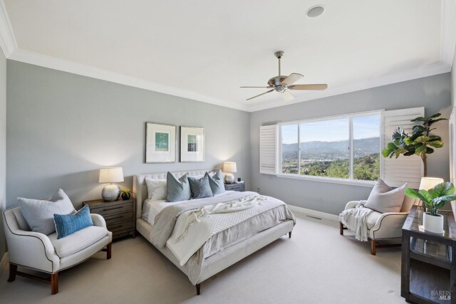 15 Upland Ln, Novato, CA 94945 - bedroom featuring crown molding, baseboards, light colored carpet, a mountain view, and ceiling fan
