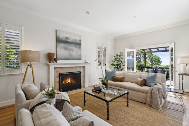 15 Upland Ln, Novato, CA 94945 - living area with ornamental molding, wood finished floors, baseboards, and a fireplace